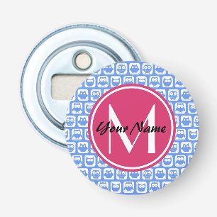 Blue Owl Pattern Pink Custom Monogram Personalized Bottle Opener