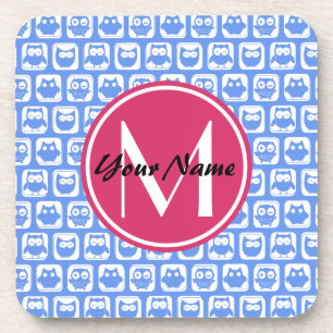 Blue Owl Pattern Pink Custom Monogram Personalized Coaster