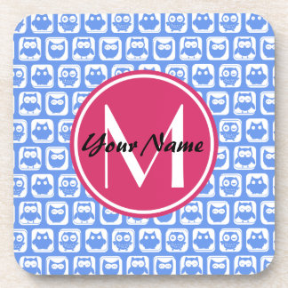 Blue Owl Pattern Pink Custom Monogram Personalized Coaster