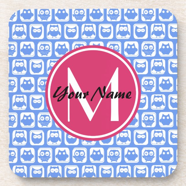 Blue Owl Pattern Pink Custom Monogram Personalized Coaster (Front)