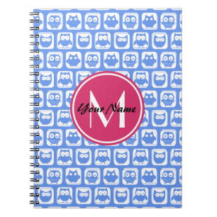 Blue Owl Pattern Pink Custom Monogram Personalized Notebook