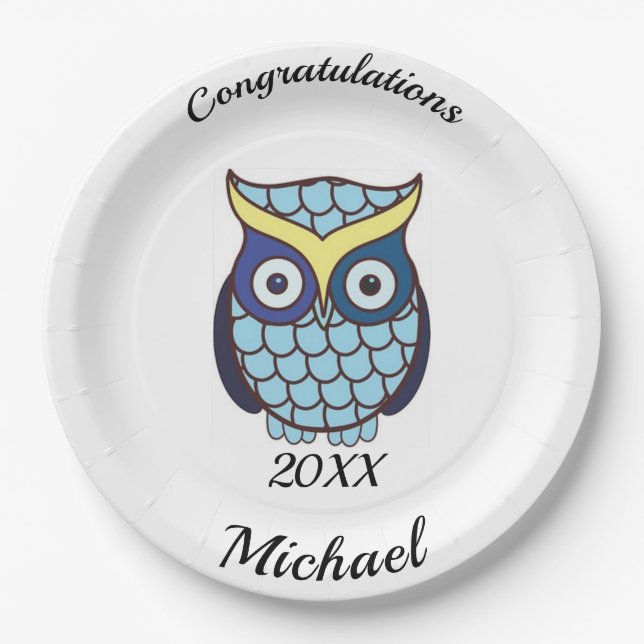 Blue Owl Personalised Graduation Party Paper Plate (Front)