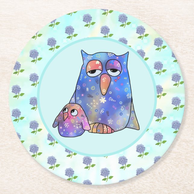 Blue owl  round paper coaster (Front)