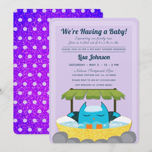 Blue Owl Spa Purple Glitter Polka Dots Baby Shower Invitation (Front/Back)