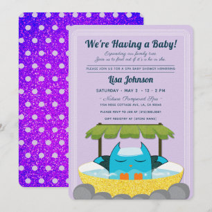 Blue Owl Spa Purple Glitter Polka Dots Baby Shower Invitation