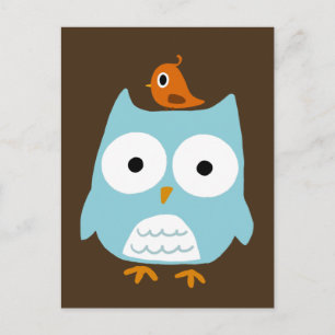 Blue Owl with Little Orange Bird Postcard