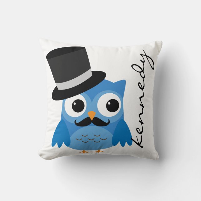 Blue Owl with Moustache and Top Hat Pillow (Front)