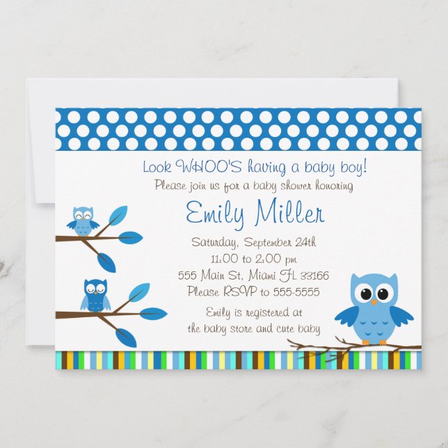 Blue Owls Baby Boy Shower Party Invitation (Front)