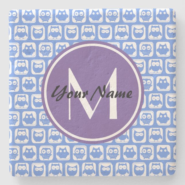 Blue Owls Custom Monogram Stone Coaster (Front)