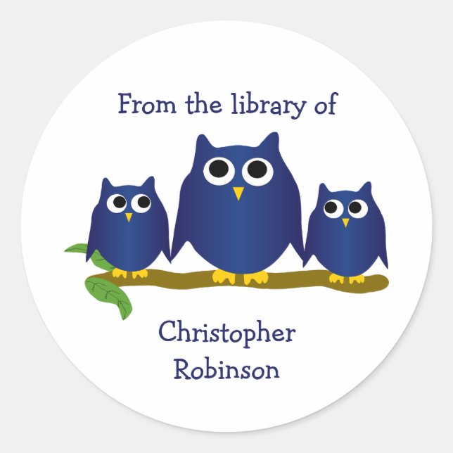 Blue Owls Design Bookplate Classic Round Sticker (Front)