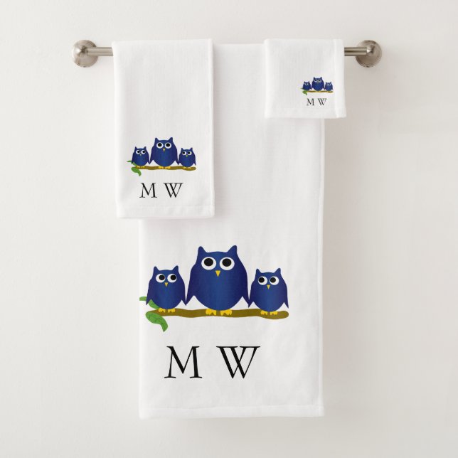 Blue Owls Design Monogrammed Bath Towel Set (Insitu)