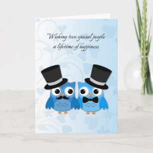 Blue Owls, Gay Men Wedding Congratulations Card