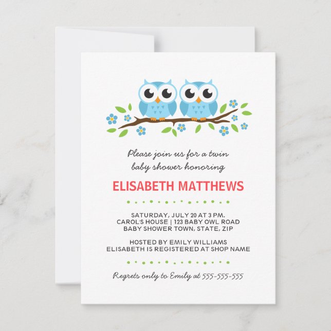 Blue owls on floral branch twin boys baby shower invitation (Front)