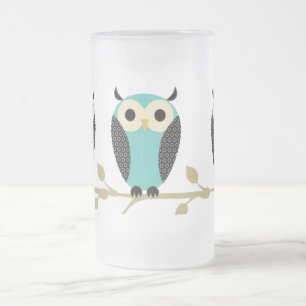 Blue Owls On Limb Frosted Glass Beer Mug