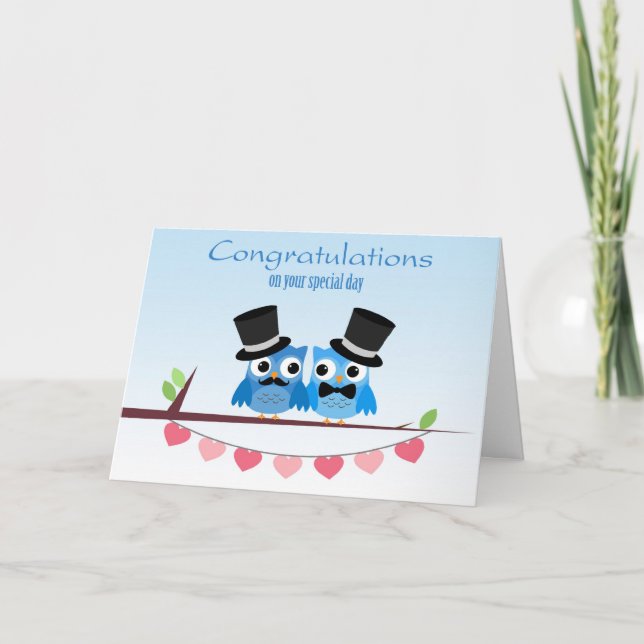 Blue Owls, Pink Hearts, Gay Men Wedding Congratula Card (Front)