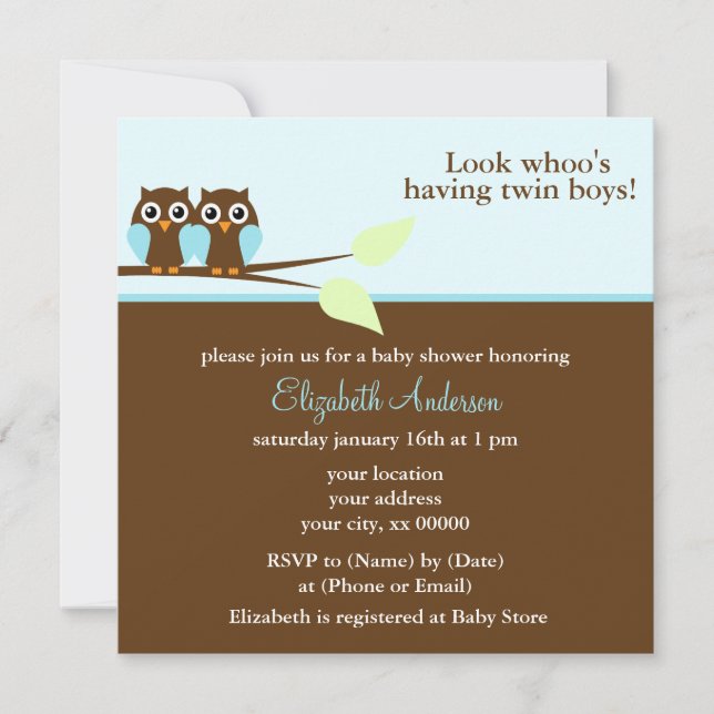 Blue Owls Twins Baby Shower Invitation (Front)