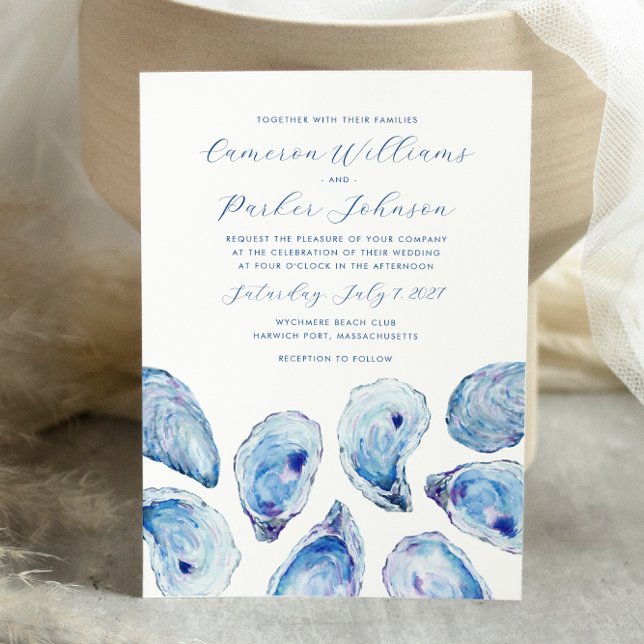 Blue Oyster Watercolor Coastal Wedding Invitation (Oyster Watercolor Wedding Invitation with elegant blue shells perfect for your coastal wedding)