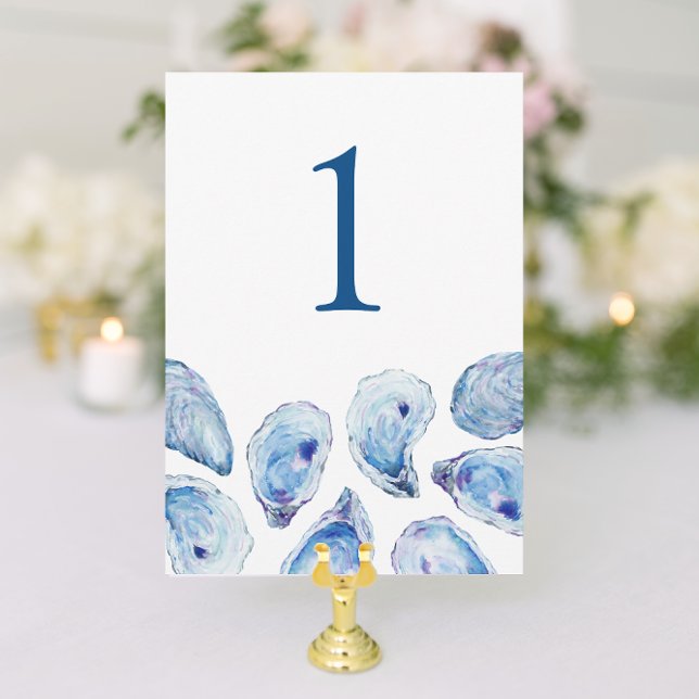 Blue Oyster Watercolor Wedding Table Number (Oyster Wedding Table Number with elegant blue watercolor illustrations from Concertina Press)
