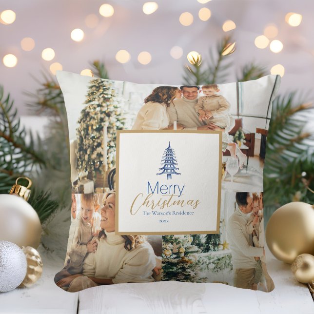 Blue Pagoda Christmas Tree 3-Photo Throw Pillow (Blue Pagoda Christmas Tree 3-Photo Throw Pillow)