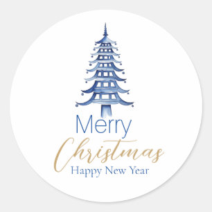 Blue Pagoda Christmas Tree Classic Round Sticker