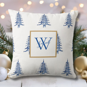 Blue Pagoda Christmas Tree Monogrammed Pattern  Cushion