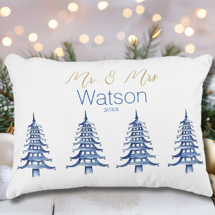 Blue Pagoda Christmas Tree Mr. and Mrs. Decorative Cushion