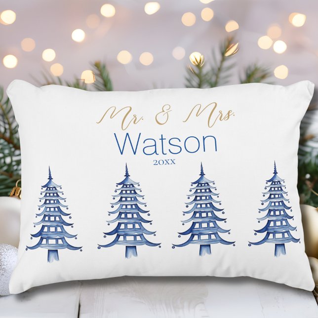 Blue Pagoda Christmas Tree Mr. and Mrs. Decorative Cushion (Blue Pagoda Christmas Tree Mr. and Mrs. Accent Pillow)