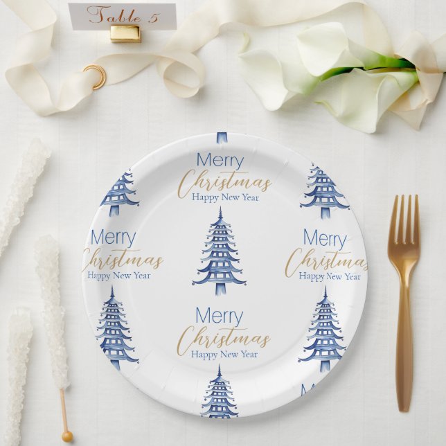 Blue Pagoda Christmas Tree Pattern Paper Plate (Wedding)