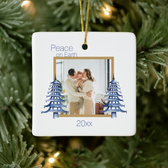 Blue Pagoda Christmas Trees 2-Photo Peace On Earth Ceramic Ornament (Tree)