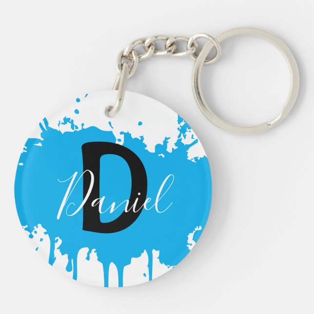 Blue Paint Splash Monogram Keychain Personalized (Back)