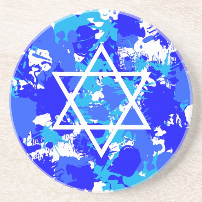 Blue Paint Splatter Jewish Star Coaster (Front)