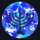 Blue Paint Splatter Menorah Classic Round Sticker<br><div class="desc">Blue paint splatter menorah stickers.</div>