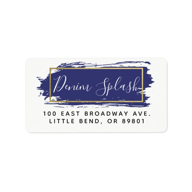Blue Paint Stroke & Modern Gold Geometric Address Label (Front)