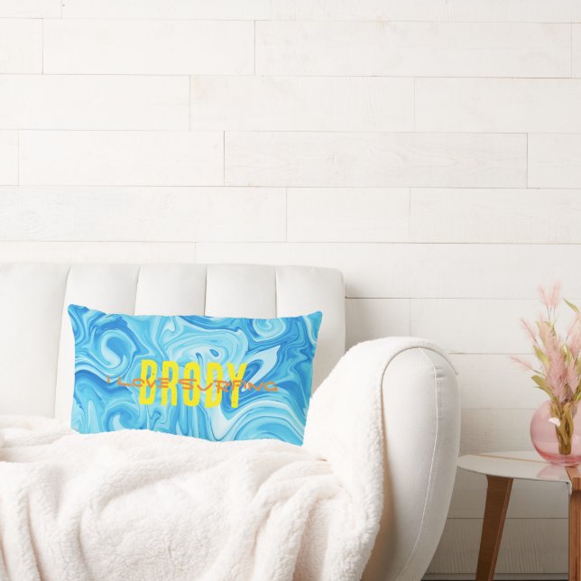 Blue Paint Swirl I LOVE SURFING NAME Ocean Water Lumbar Cushion (Couch)