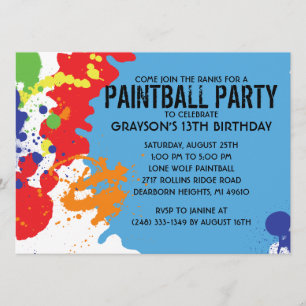 Blue Paintball Splatter Paintball Birthday Party Invitation