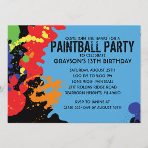 Blue Paintball Splatter Paintball Birthday Party Invitation