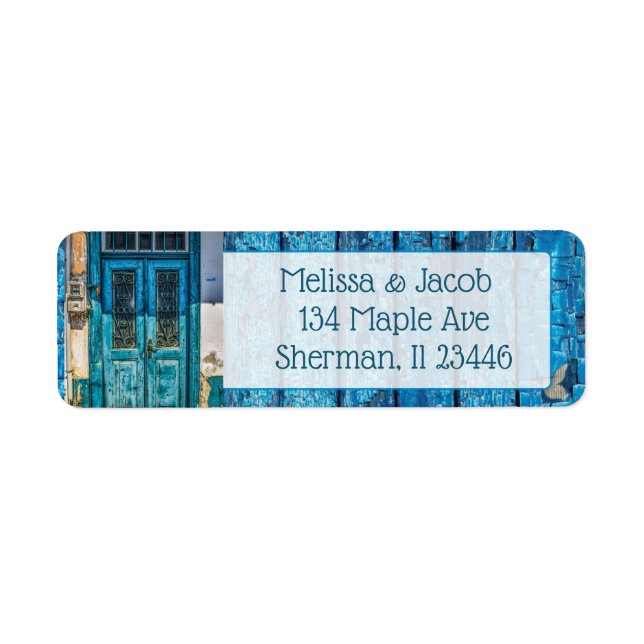 Blue Painted Antique Door Wedding Address Label (Front)