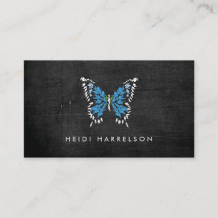 Blue Painted Butterfly Logo on Black Wood Business Card