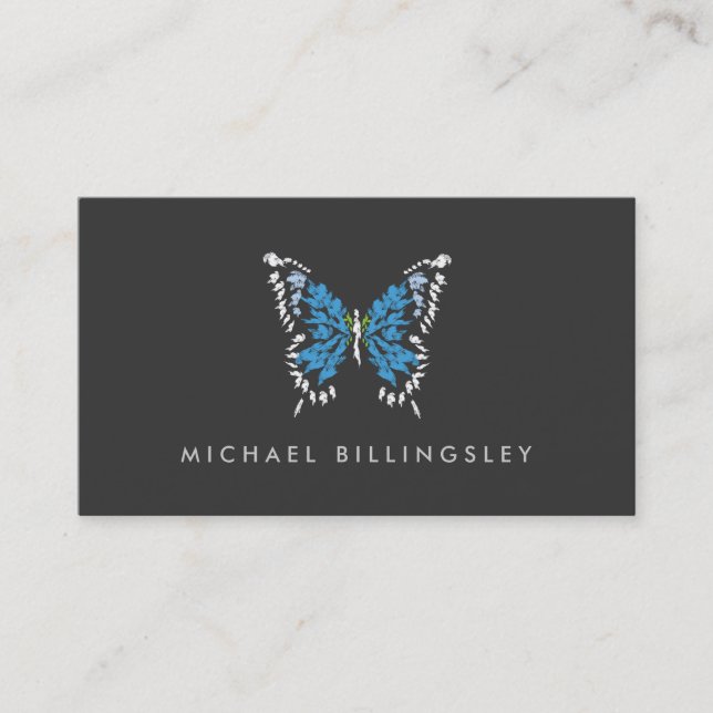 Blue Painted Butterfly Logo on Dark Grey Business Card (Front)