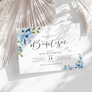 Blue painted flowers baptism invitation