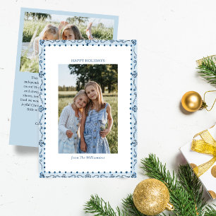 Blue Painted Folk Floral Border Christmas Photo Holiday Card