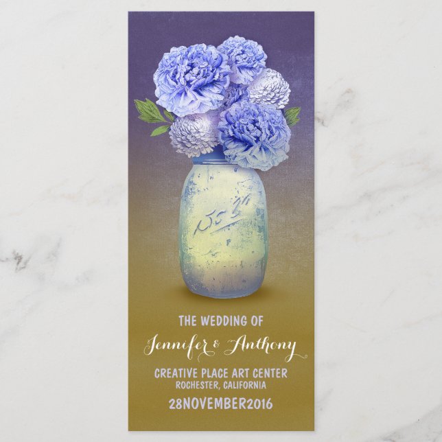 Blue painted mason jar wedding programs programme (Front)