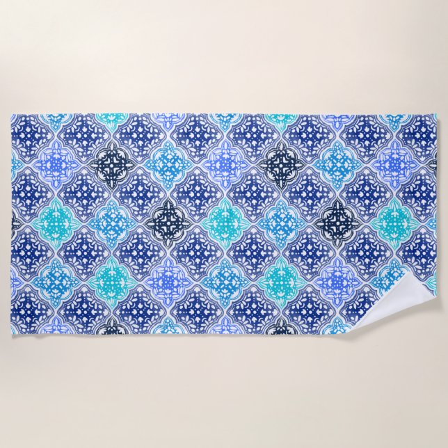 Blue Painted Moroccan Tile Pattern Beach Towel (Front)