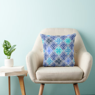 Blue Painted Moroccan Tile Pattern Cushion