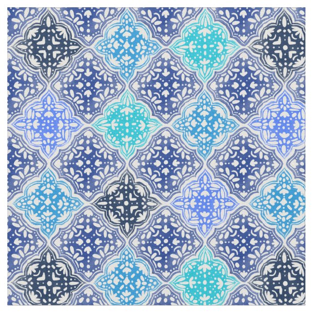 Blue Painted Moroccan Tile Pattern Fabric (Close Up)