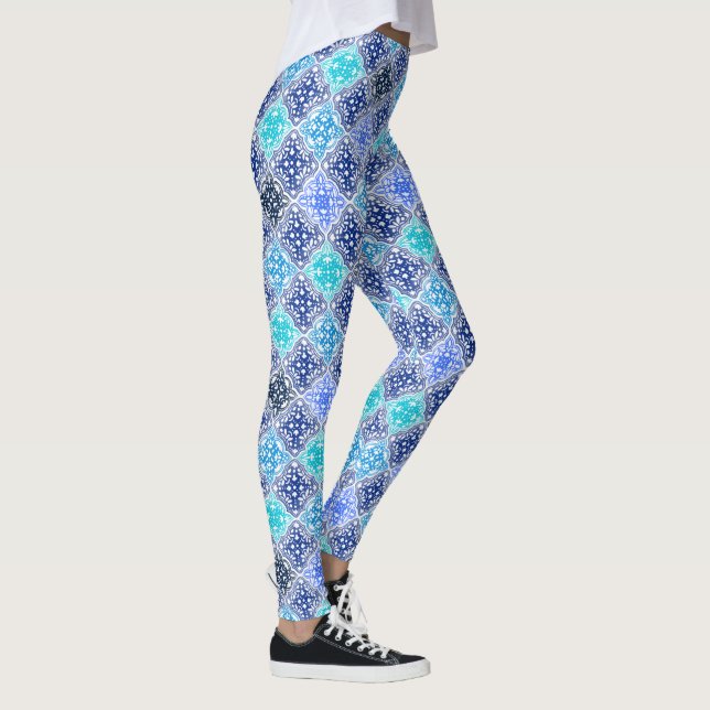Blue Painted Moroccan Tile Pattern Leggings (Right)