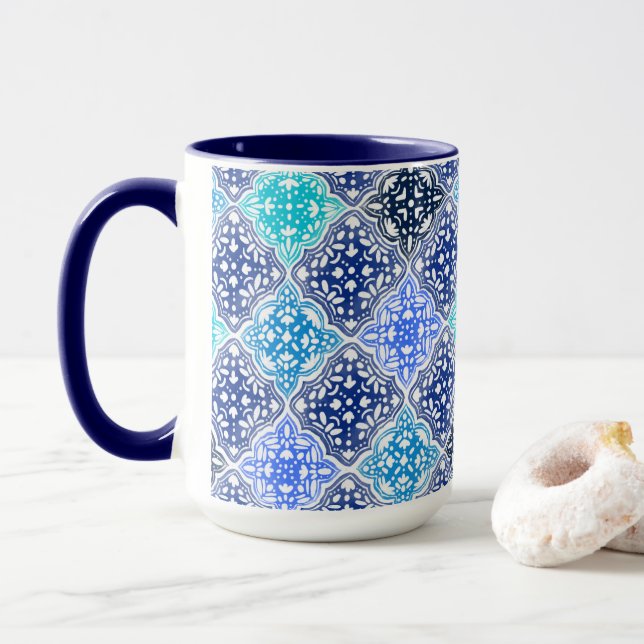 Blue Painted Moroccan Tile Pattern Mug (With Donut)