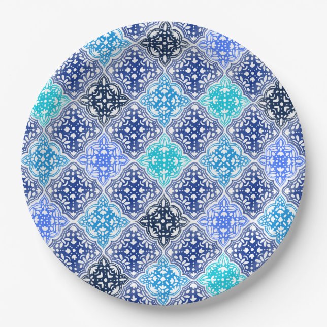 Blue Painted Moroccan Tile Pattern Paper Plate (Front)