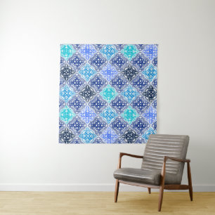 Blue Painted Moroccan Tile Pattern Tapestry