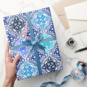 Blue Painted Moroccan Tile Pattern Wrapping Paper
